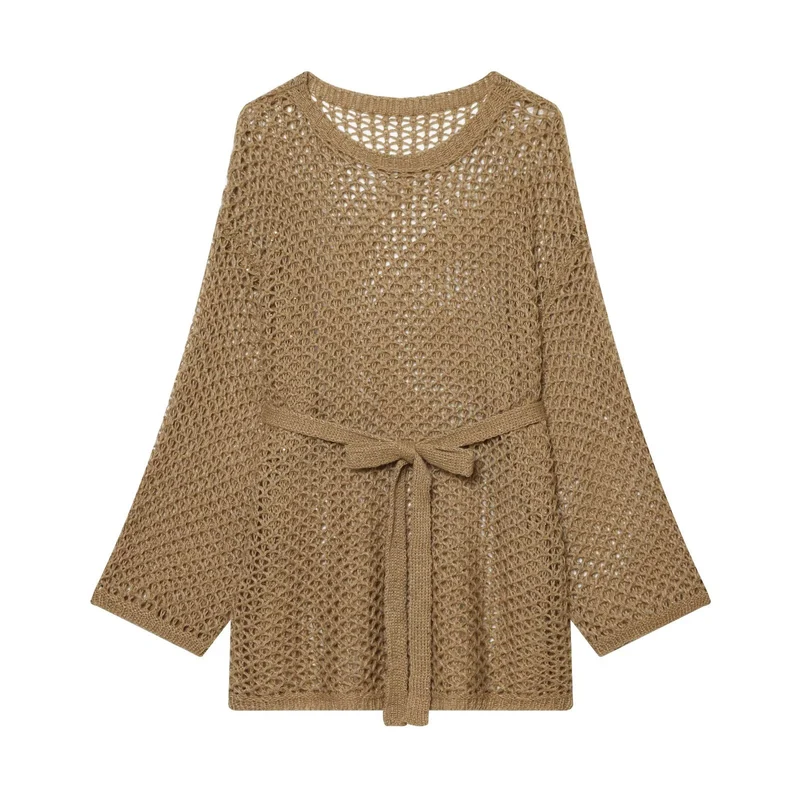 Damen Lockerer Häkelcardigan mit Taillengürtel und 3/4-Ärmeln Drune