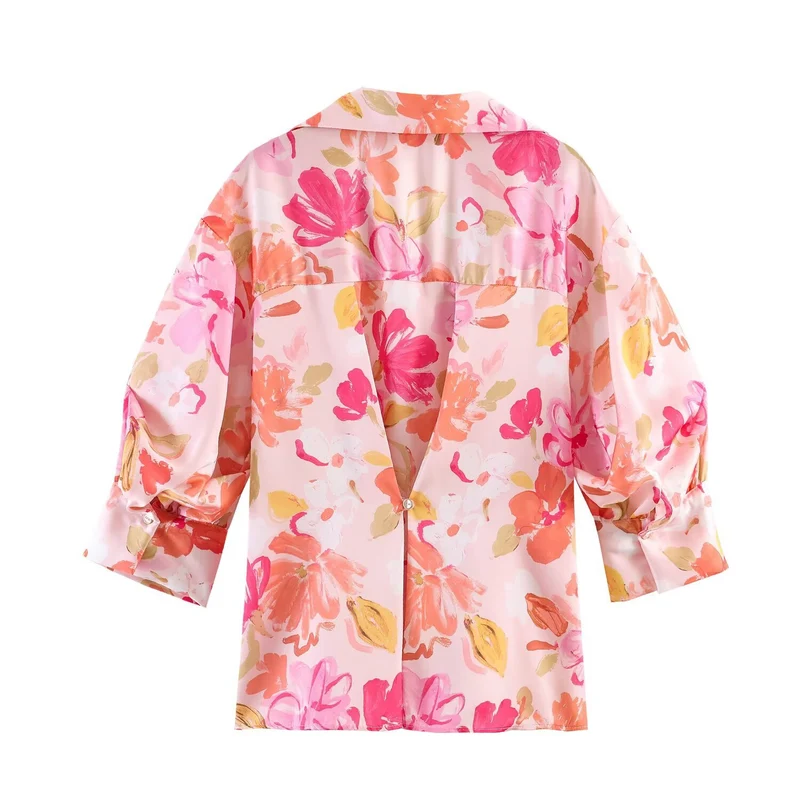 Damen Locker geschnittene Satinoptik-Bluse mit Hemdkragen und Ballonärmeln Drune
