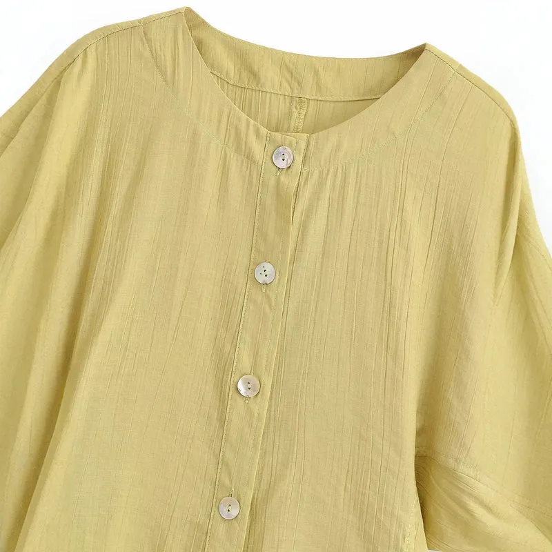 Damen Leichtes Crinkle-Blusen-Shirt mit Knopfleiste und gerafften Ballonärmeln Drune