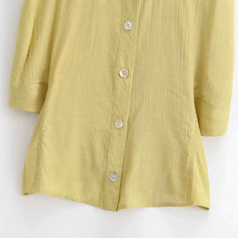 Damen Leichtes Crinkle-Blusen-Shirt mit Knopfleiste und gerafften Ballonärmeln Drune