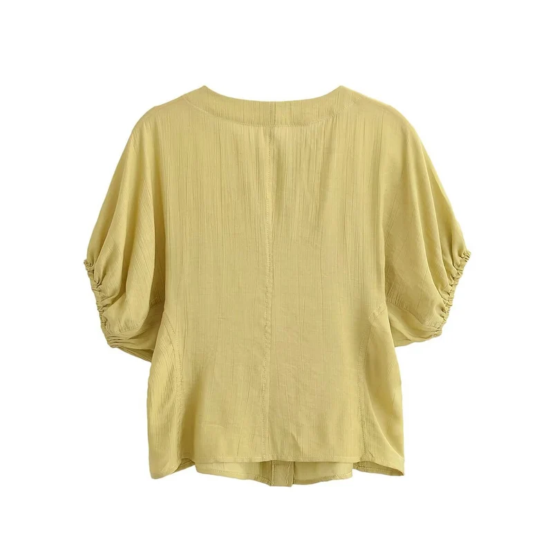 Damen Leichtes Crinkle-Blusen-Shirt mit Knopfleiste und gerafften Ballonärmeln Drune