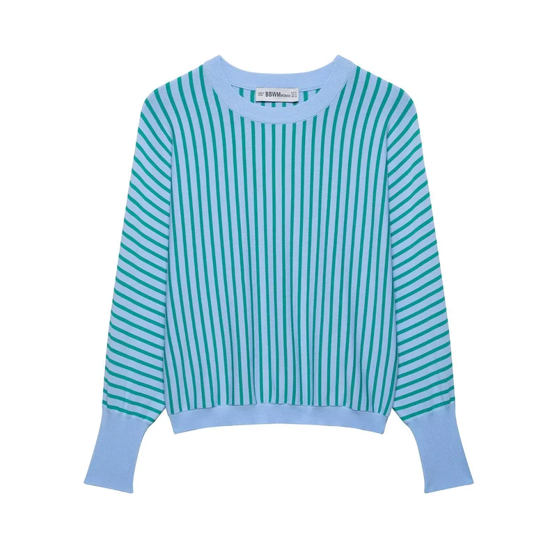 Damen Leichter Rundhals-Feinstrickpullover mit schmalen Längs- und Diagonalstreifen Drune