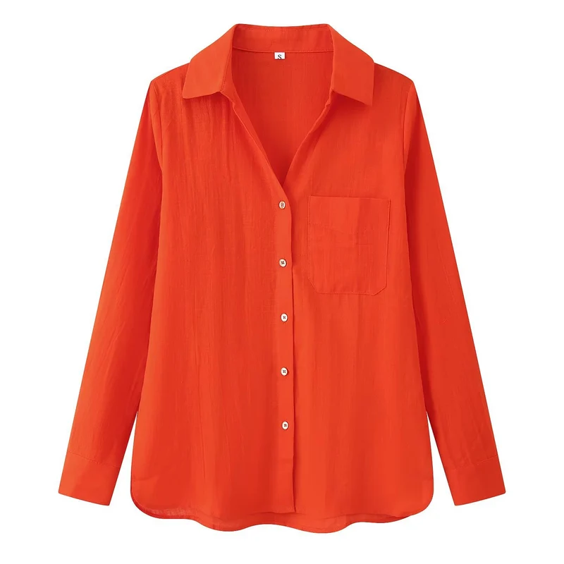 Damen Leichte Oversize-Leinenbluse mit Brusttasche und Hemdkragen Drune