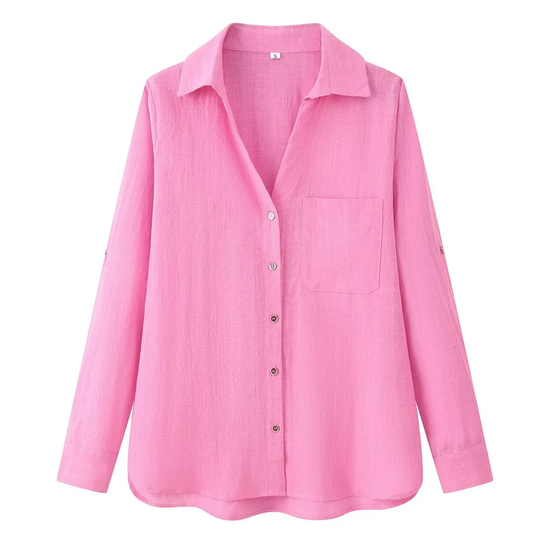 Damen Leichte Oversize-Leinenbluse mit Brusttasche und Hemdkragen Drune