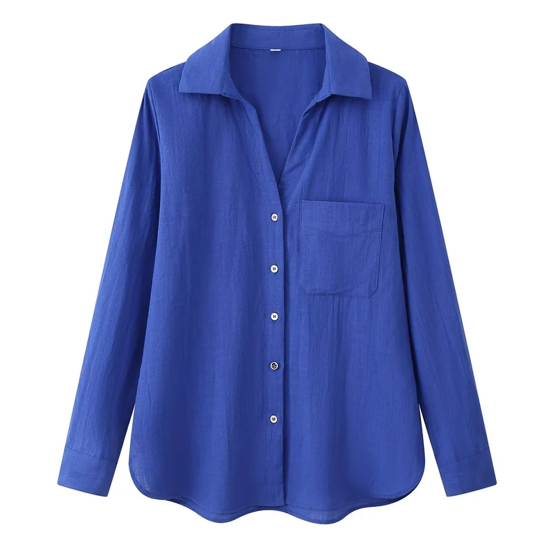 Damen Leichte Oversize-Leinenbluse mit Brusttasche und Hemdkragen Drune