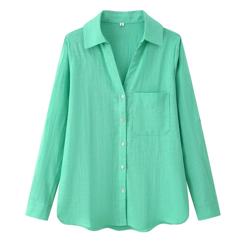 Damen Leichte Oversize-Leinenbluse mit Brusttasche und Hemdkragen Drune
