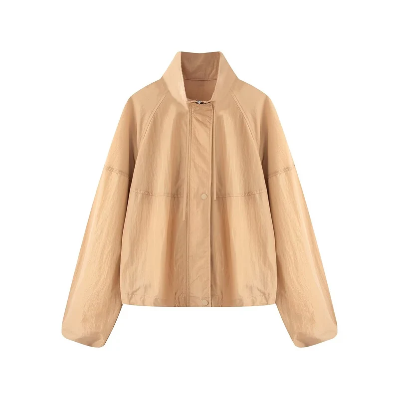 Damen Leichte Oversize-Blousonjacke aus Nylon mit Stehkragen, Kordelzug und Druckknopfverschluss Drune