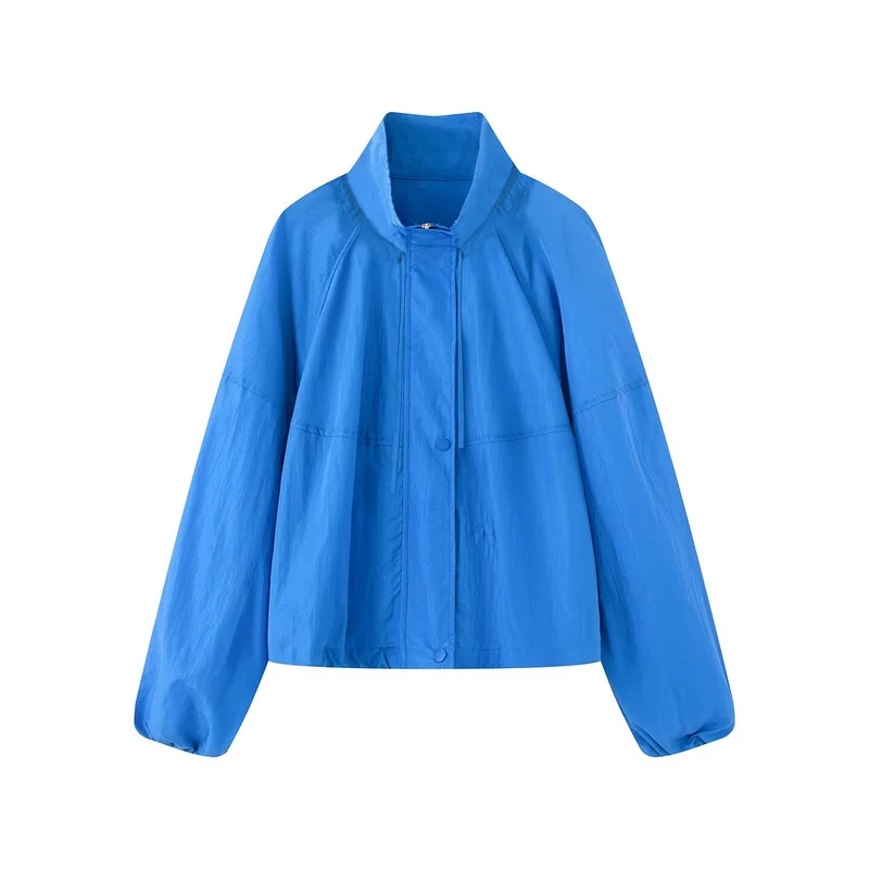 Damen Leichte Oversize-Blousonjacke aus Nylon mit Stehkragen, Kordelzug und Druckknopfverschluss Drune