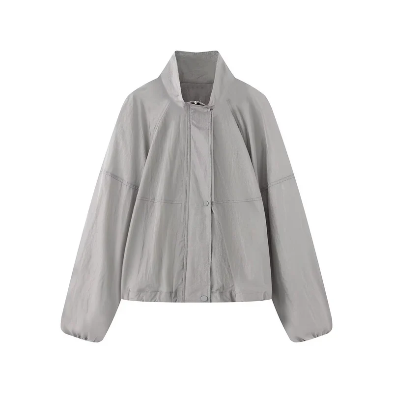 Damen Leichte Oversize-Blousonjacke aus Nylon mit Stehkragen, Kordelzug und Druckknopfverschluss Drune