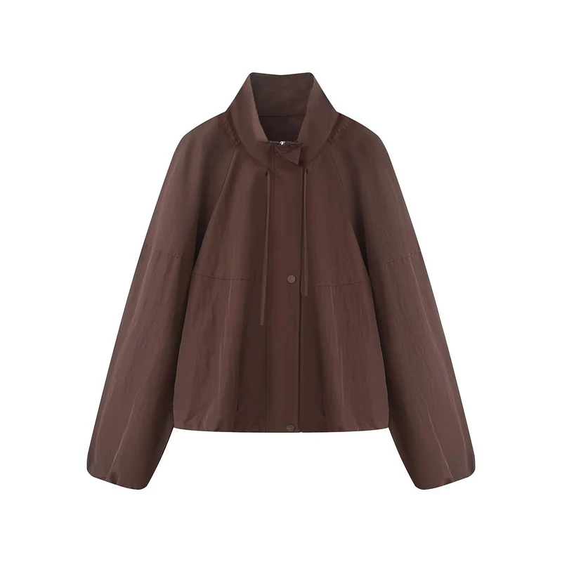 Damen Leichte Oversize-Blousonjacke aus Nylon mit Stehkragen, Kordelzug und Druckknopfverschluss Drune