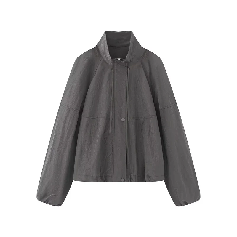 Damen Leichte Oversize-Blousonjacke aus Nylon mit Stehkragen, Kordelzug und Druckknopfverschluss Drune
