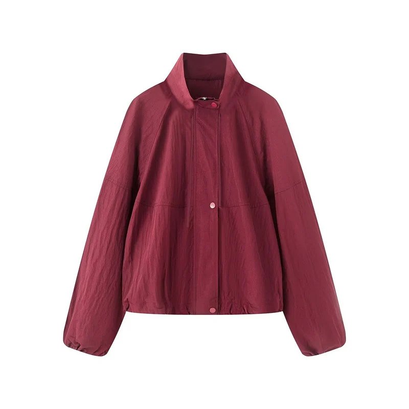 Damen Leichte Oversize-Blousonjacke aus Nylon mit Stehkragen, Kordelzug und Druckknopfverschluss Drune