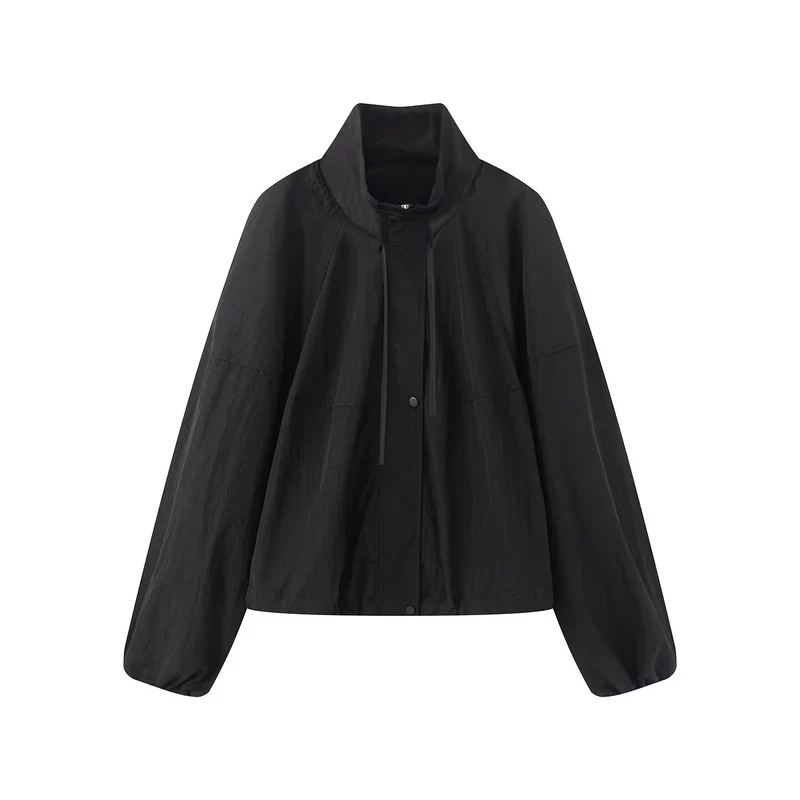 Damen Leichte Oversize-Blousonjacke aus Nylon mit Stehkragen, Kordelzug und Druckknopfverschluss Drune