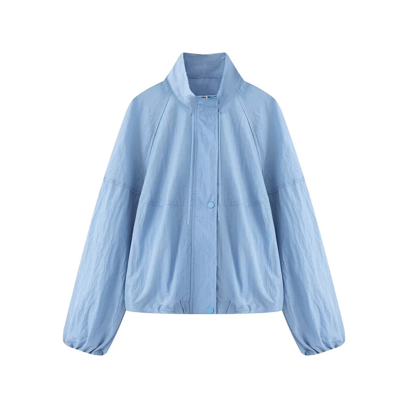 Damen Leichte Oversize-Blousonjacke aus Nylon mit Stehkragen, Kordelzug und Druckknopfverschluss Drune