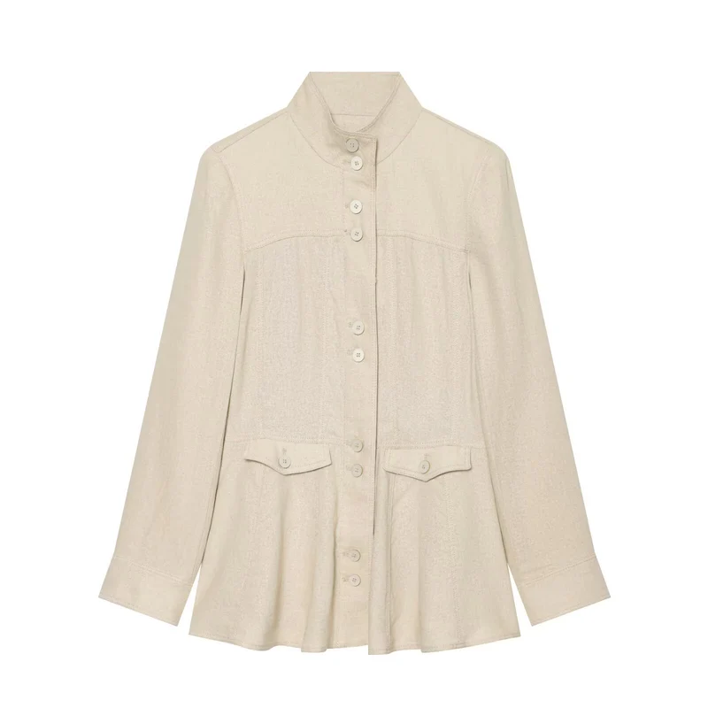 Damen Leichte Leinenoptik Hemdjacke mit Stehkragen, Knopfleiste und ausgestelltem Saum Drune