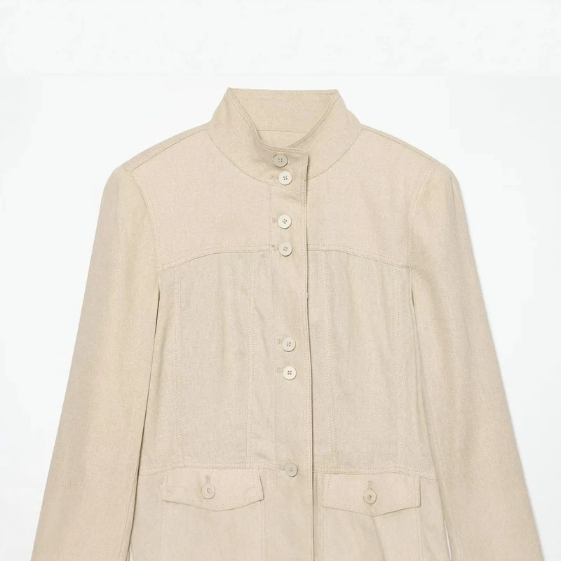 Damen Leichte Leinenoptik Hemdjacke mit Stehkragen, Knopfleiste und ausgestelltem Saum Drune