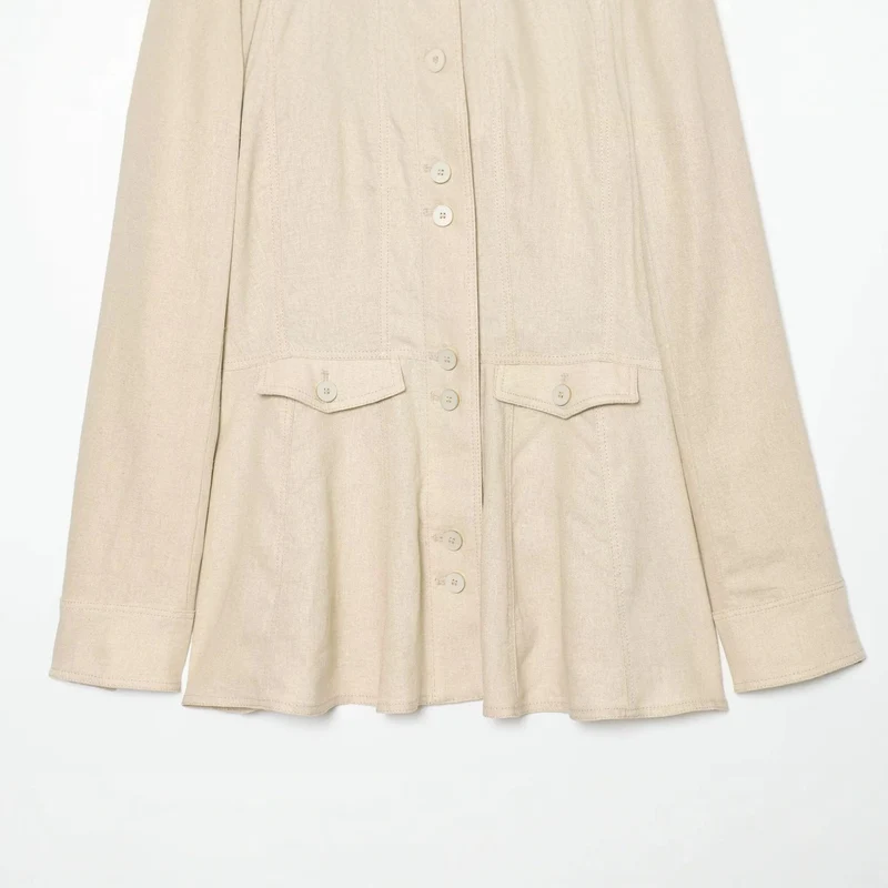 Damen Leichte Leinenoptik Hemdjacke mit Stehkragen, Knopfleiste und ausgestelltem Saum Drune