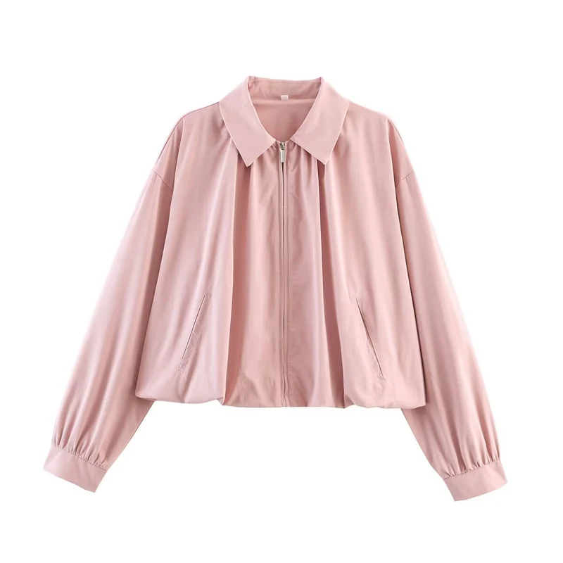 Damen Leichte Cropped Blouson-Jacke mit Hemdkragen, Reißverschluss und Gummizugsaum Drune