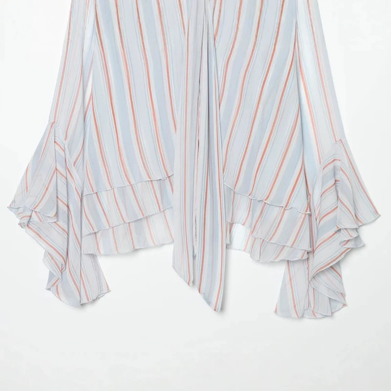 Damen Leichte Chiffonbluse mit Schluppe, Volant-Saum und ausgestellten Trompetenärmeln Drune