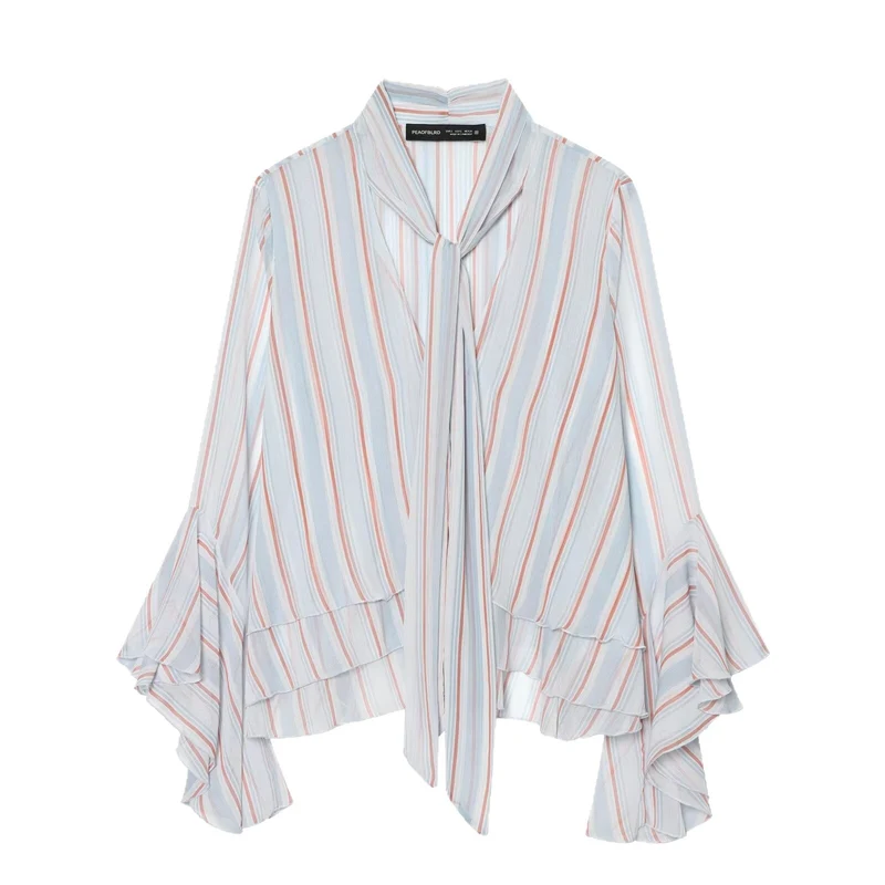 Damen Leichte Chiffonbluse mit Schluppe, Volant-Saum und ausgestellten Trompetenärmeln Drune