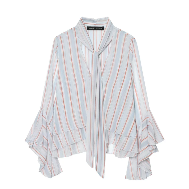 Damen Leichte Chiffonbluse mit Schluppe, Volant-Saum und ausgestellten Trompetenärmeln Drune