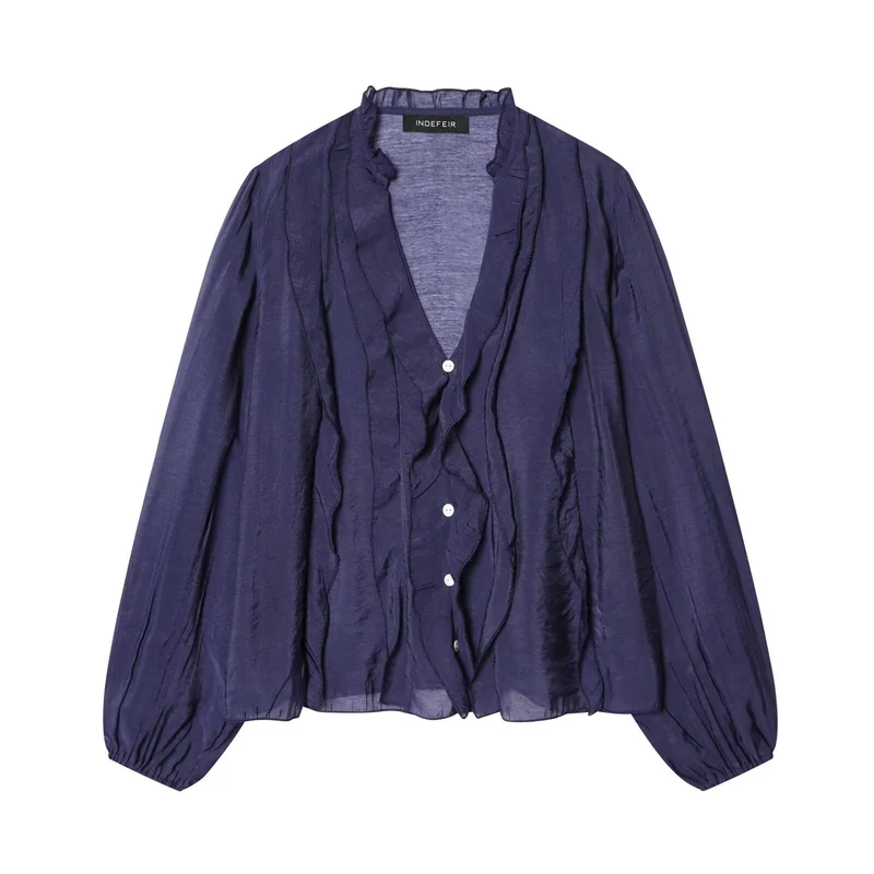 Damen Leichte Chiffon-Bluse mit Volantknopfleiste und Ballonärmeln Drune