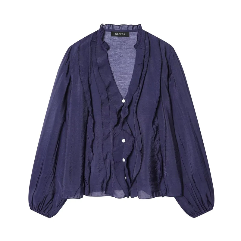 Damen Leichte Chiffon-Bluse mit Volantknopfleiste und Ballonärmeln Drune