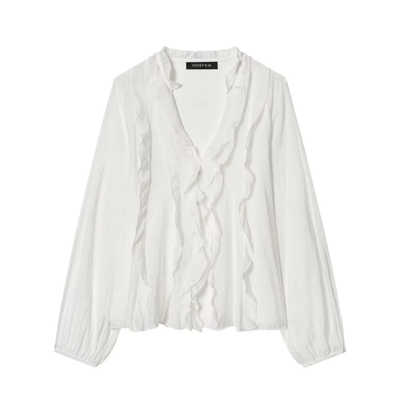 Damen Leichte Chiffon-Bluse mit Volantknopfleiste und Ballonärmeln Drune