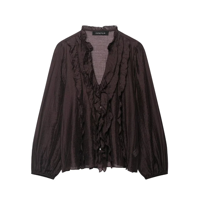 Damen Leichte Chiffon-Bluse mit Volantknopfleiste und Ballonärmeln Drune