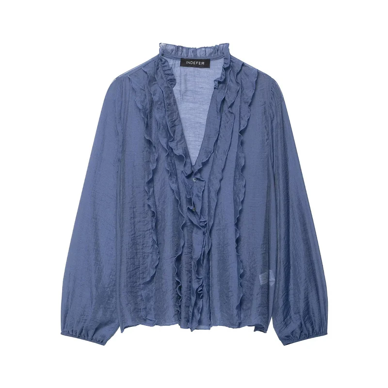 Damen Leichte Chiffon-Bluse mit Volantknopfleiste und Ballonärmeln Drune