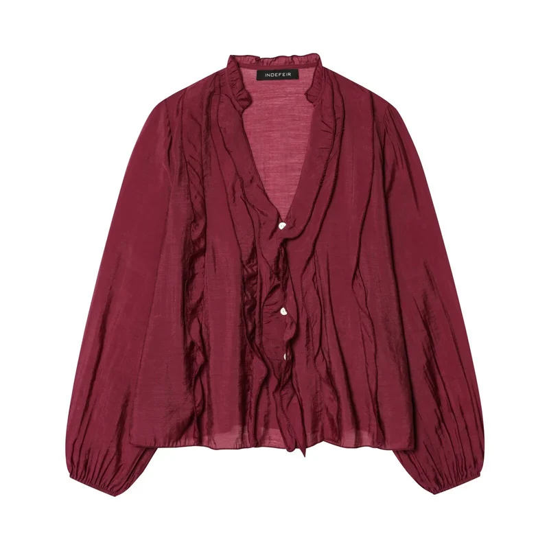 Damen Leichte Chiffon-Bluse mit Volantknopfleiste und Ballonärmeln Drune