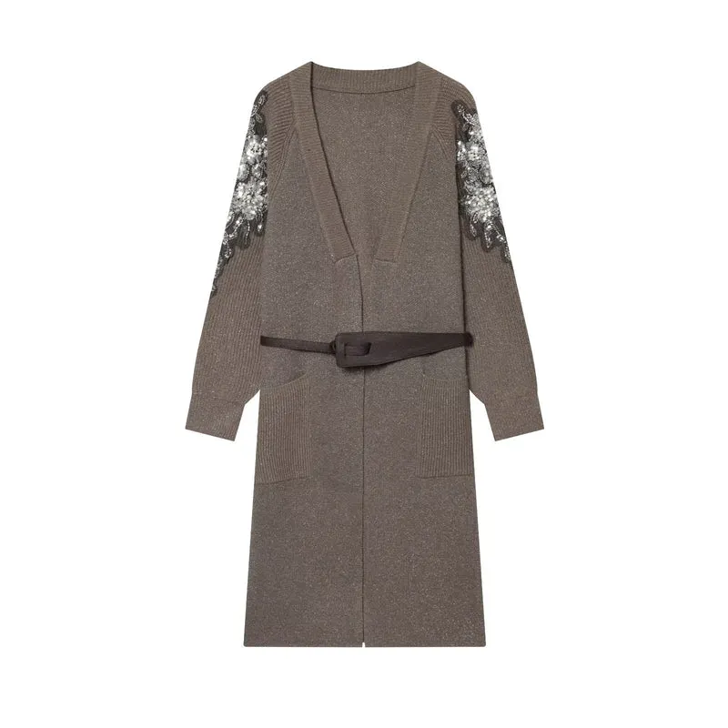 Damen Lange Strickmantel-Cardigan mit Taillengürtel und Paillettenbesatz Drune