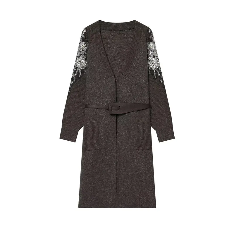 Damen Lange Strickmantel-Cardigan mit Taillengürtel und Paillettenbesatz Drune
