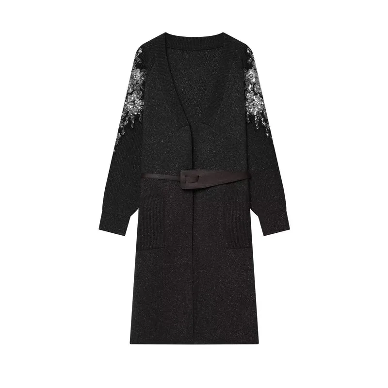 Damen Lange Strickmantel-Cardigan mit Taillengürtel und Paillettenbesatz Drune