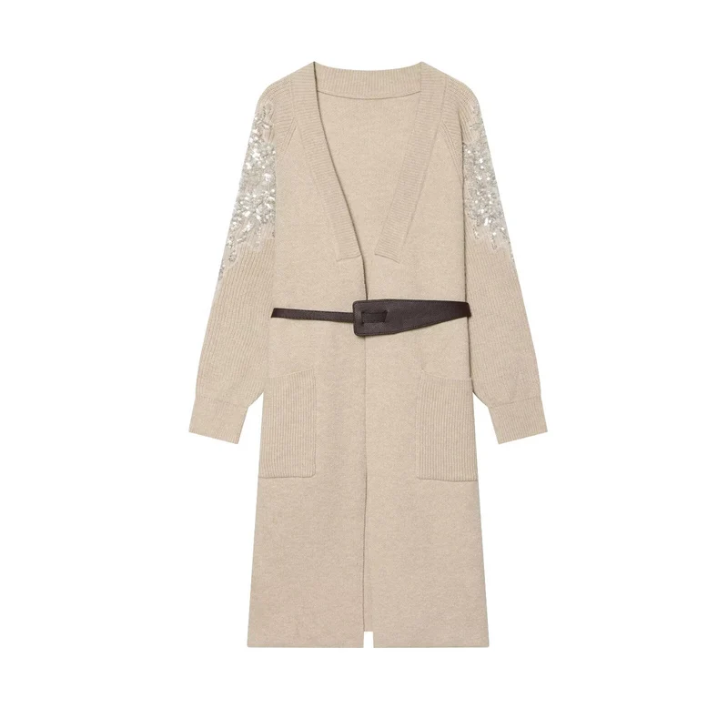 Damen Lange Strickmantel-Cardigan mit Taillengürtel und Paillettenbesatz Drune