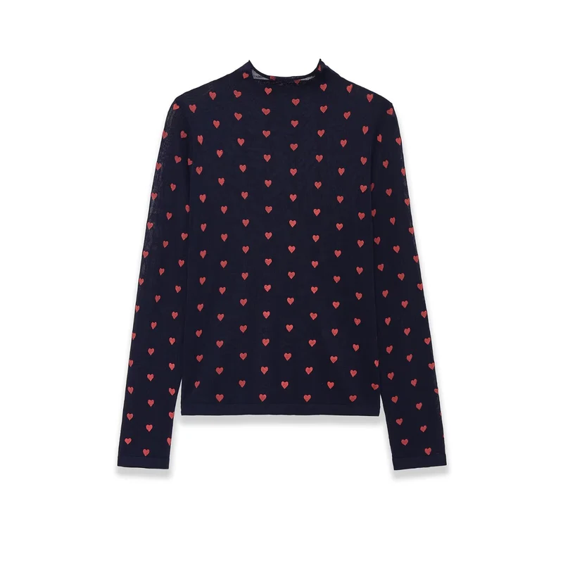Damen Langarm-Feinstrickshirt mit Stehkragen und Allover-Herzjacquard Drune