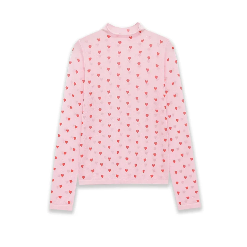 Damen Langarm-Feinstrickshirt mit Stehkragen und Allover-Herzjacquard Drune