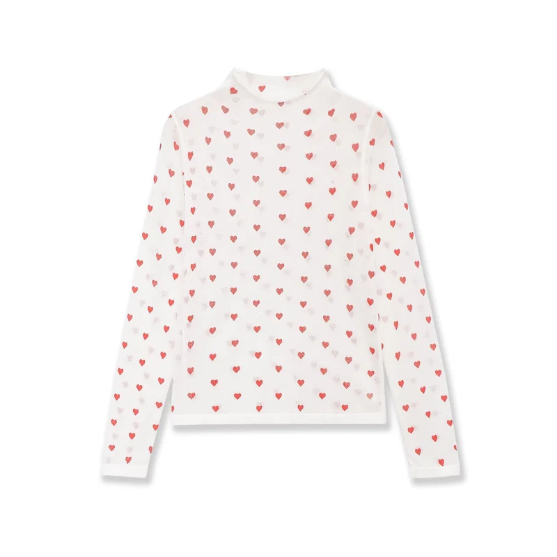 Damen Langarm-Feinstrickshirt mit Stehkragen und Allover-Herzjacquard Drune