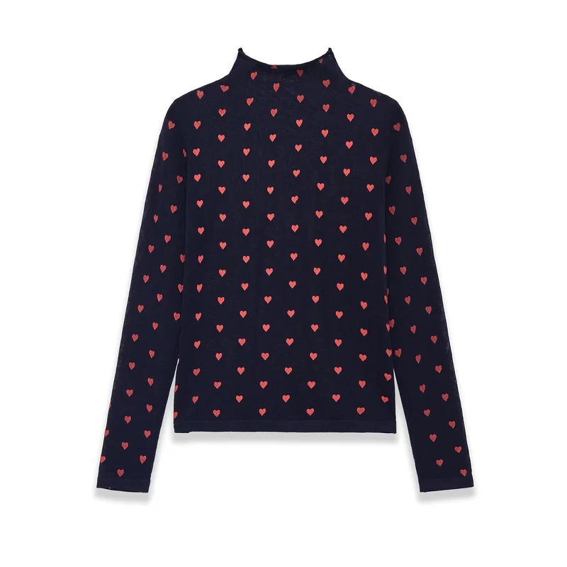 Damen Langarm-Feinstrickshirt mit Stehkragen und Allover-Herzjacquard Drune