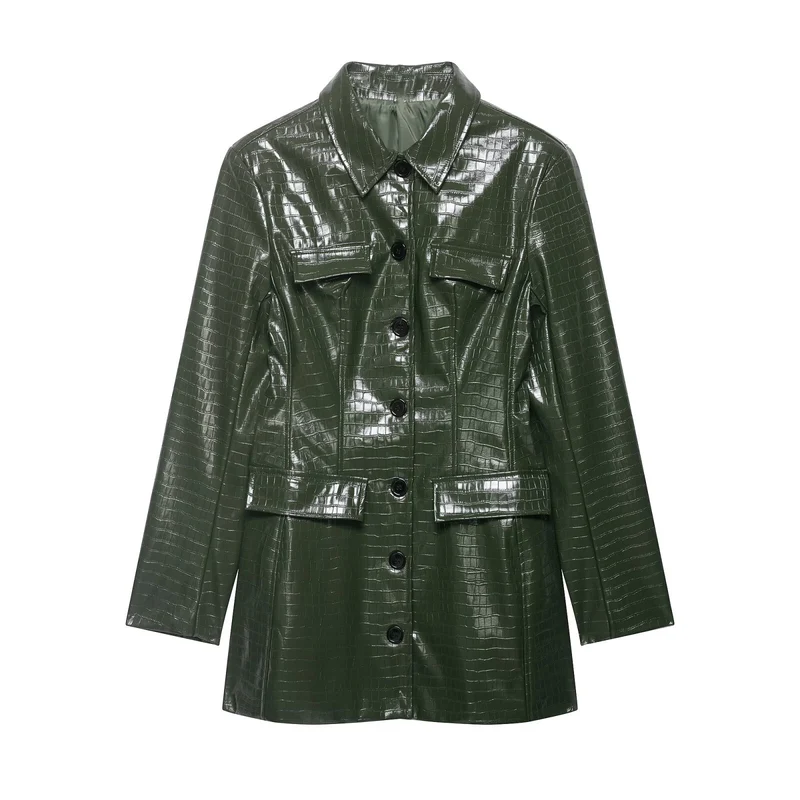 Damen Lackmantel mit Krokoprägung, taillierendem Schnitt und Knopfleiste Drune