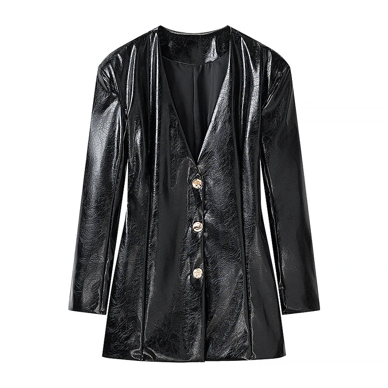 Damen Lackblazer-Minikleid mit taillierten Abnähern und goldenen Zierknöpfen Drune