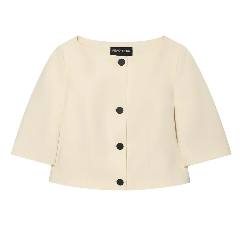 Damen Kurzjacke mit Rundhalsausschnitt, kastiger Silhouette und großen Zierknöpfen Drune