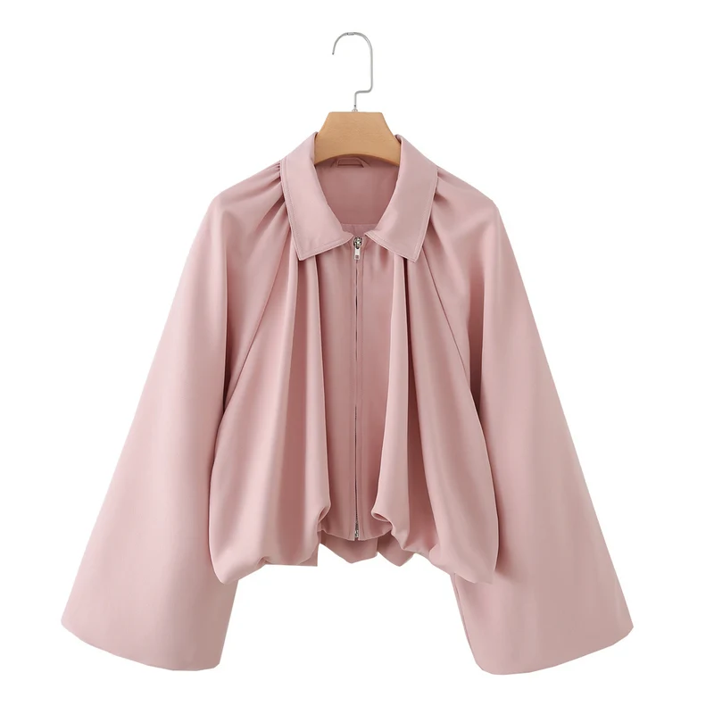 Damen Kurzjacke mit Kräusel-Volants, weitem Ärmel und Reißverschluss Drune