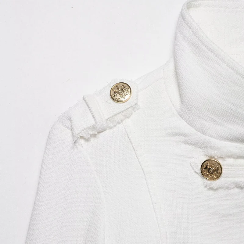 Damen Kurzjacke im Military‑Stil aus Bouclé mit Stehkragen und Zierknopfleiste Drune