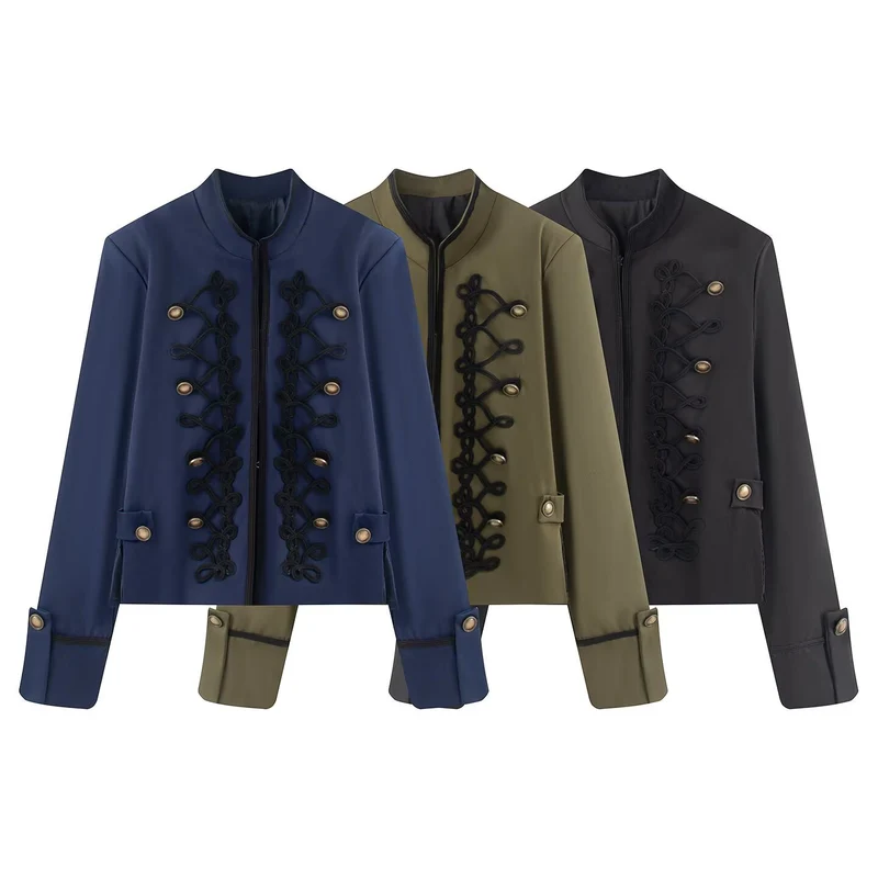 Damen Kurzjacke im Militärestil mit Stehkragen Kordverzierung und Zierknöpfen Drune