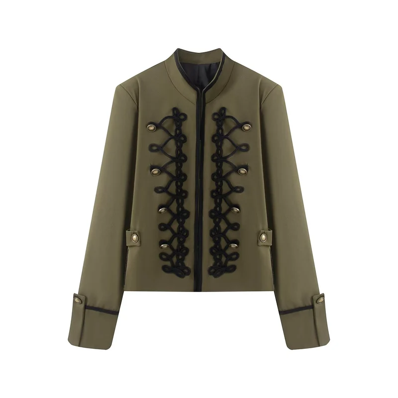 Damen Kurzjacke im Militärestil mit Stehkragen Kordverzierung und Zierknöpfen Drune