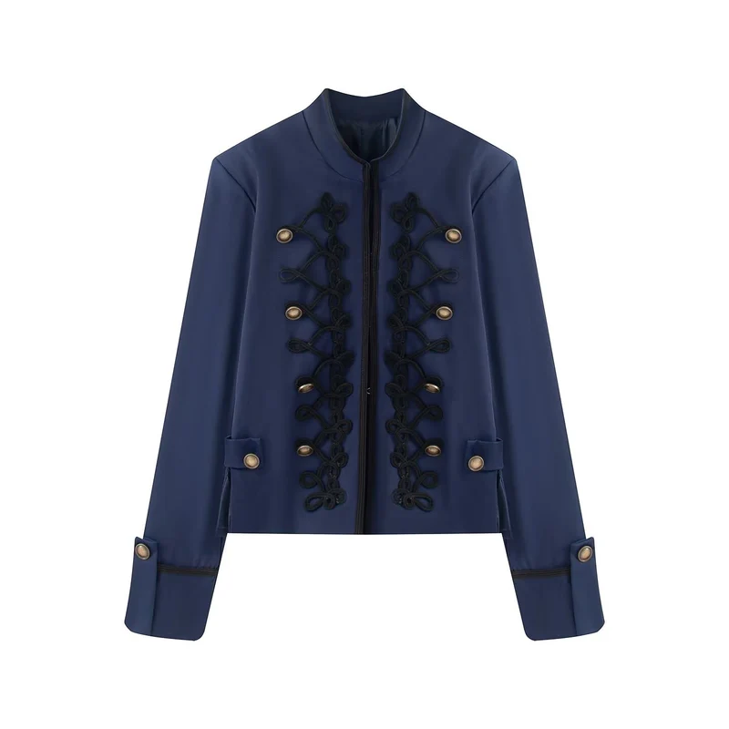 Damen Kurzjacke im Militärestil mit Stehkragen Kordverzierung und Zierknöpfen Drune