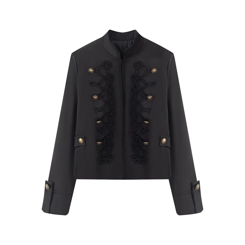 Damen Kurzjacke im Militärestil mit Stehkragen Kordverzierung und Zierknöpfen Drune