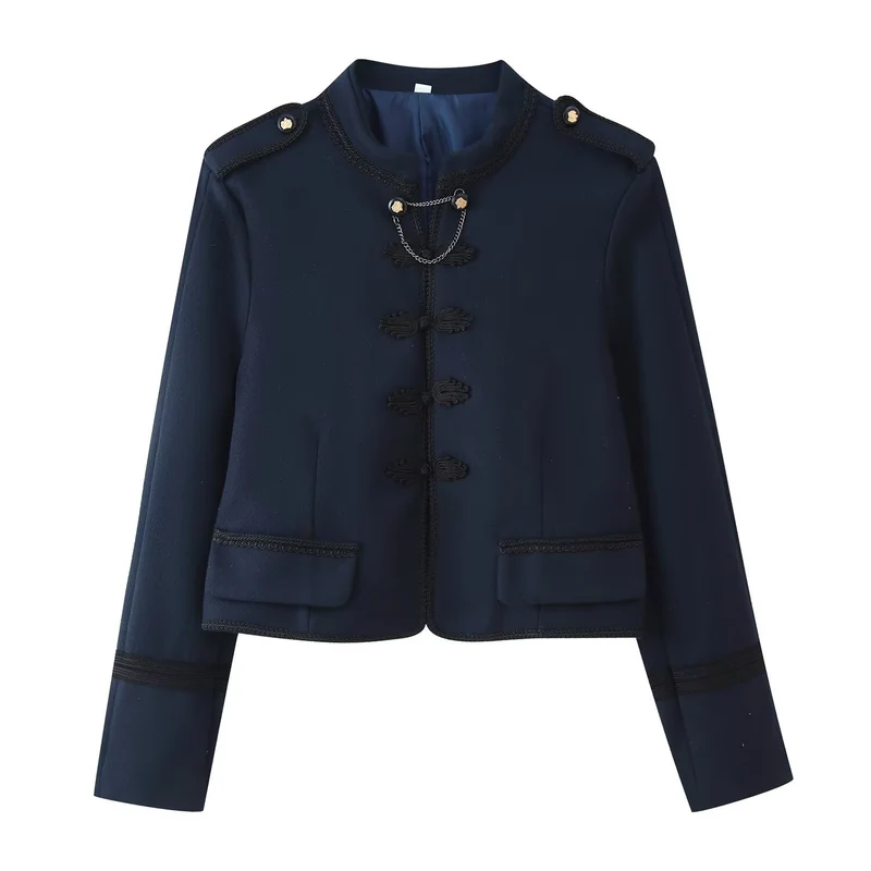 Damen Kurzjacke im Bouclé‑Look mit Mandarin‑Kragen, Kordelfroschverschluss und Zier‑Schulterklappen Drune