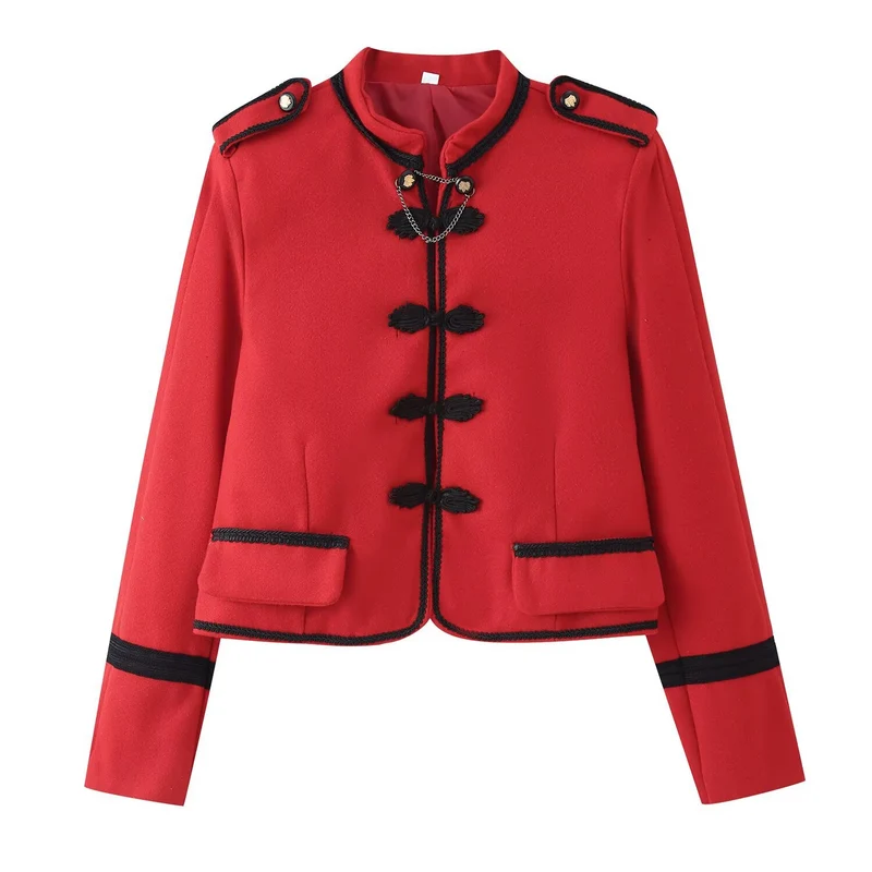 Damen Kurzjacke im Bouclé‑Look mit Mandarin‑Kragen, Kordelfroschverschluss und Zier‑Schulterklappen Drune